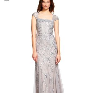 Adrianna Papell cap sleeve beaded gown in silver